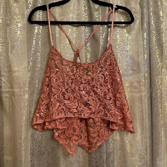 Free People Best Idea Rose Sequin Lace Cropped Handkerchief Hem Cami Small - Picture 2 of 9